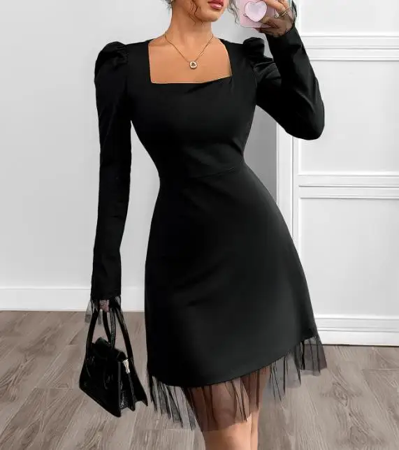

Womens Dresses 2025 Spring Autumn Elegant Square Neck Bubble Long Sleeved Temperament Mesh Splicing High Waist A-Line Mini Dress