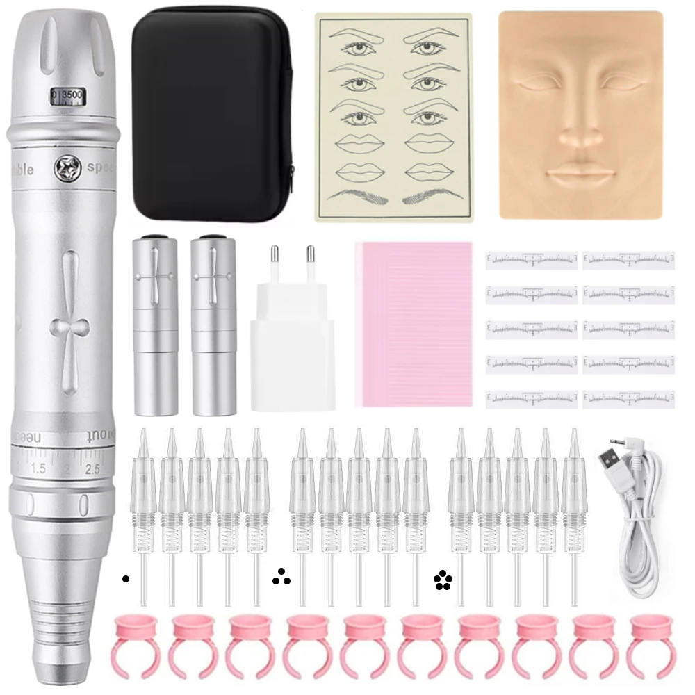 PMU Tattoo Machine Pen Eyebrow Lip Permanent Makeup Pen with 1R 3R 5R Cartridge Needles for Small Area Body Tattoo