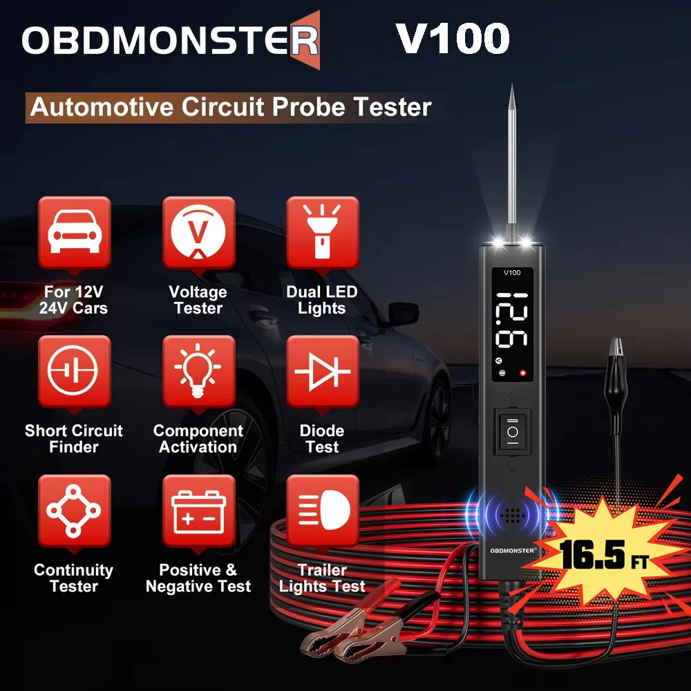 Car Circuit Tester V100 Probe Tester 12V 24V Car Voltage Tester Tool Continuity Test Component Activation Diagnostic Tool