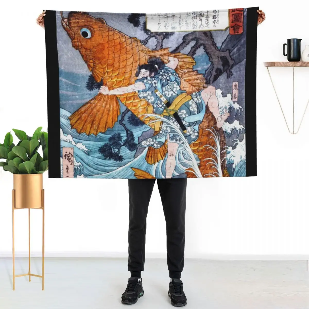 Japanese uikyo-e woodblock print: Oniwakamaru Battling the Giant Red Carp by Utagawa Hiroshige Throw Blanket