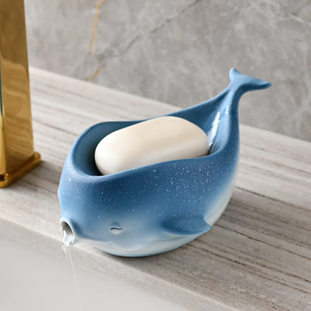 

Cute Whale Shape Ceramic Soap Dish Self Draining Bathroom Kitchen Soap Holder Storage Tray Romantic Home Decor