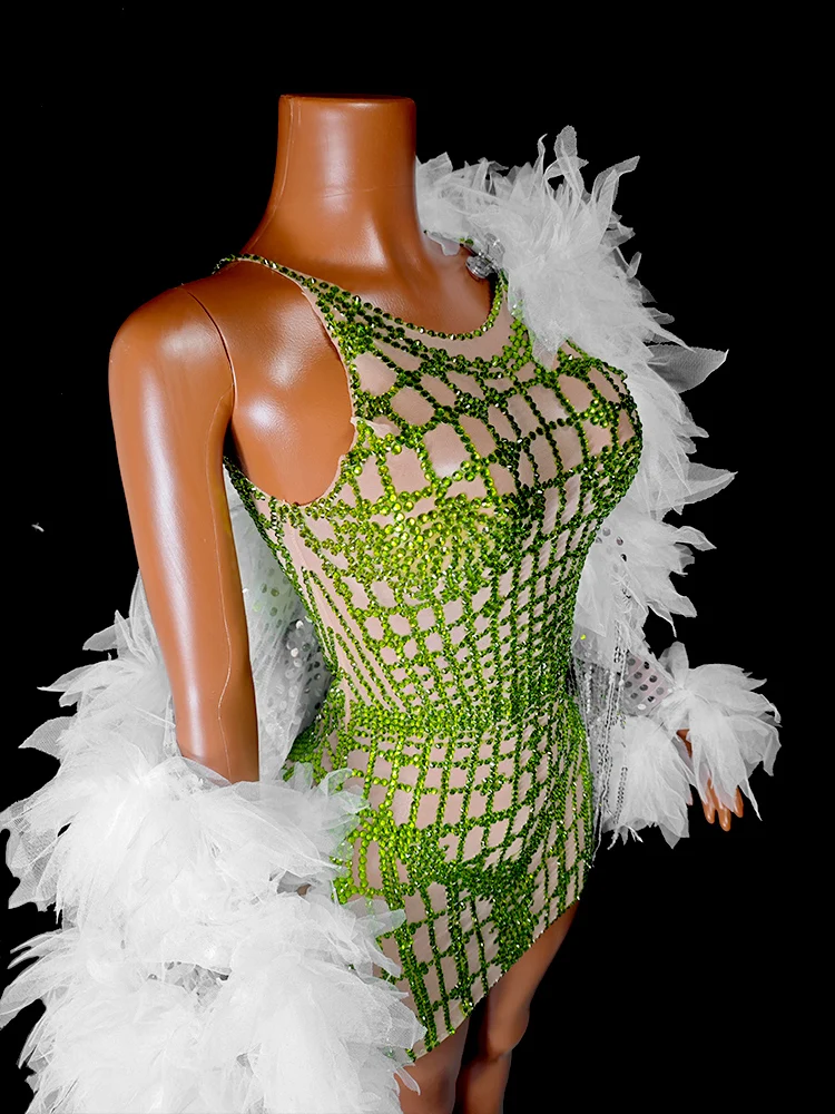 Nuevo Vestido corto brillante con diamantes de imitación, verde y rosa, conjunto de 2 uds., falda, Mini vestido, fiesta de celebridades, cumpleaños, graduación, baile, DJ, ropa para espectáculo en escenario