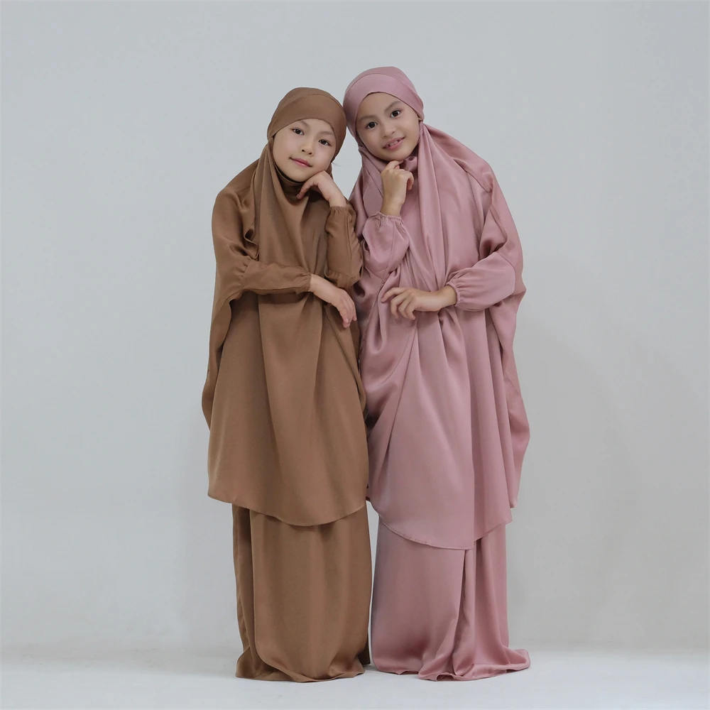 Eid Kids Prayer Garment Dress Muslim Girls Long Khimar Hijab Turkey Abaya Dresses Islamic Skirt Set Full Cover Robe Ramadan