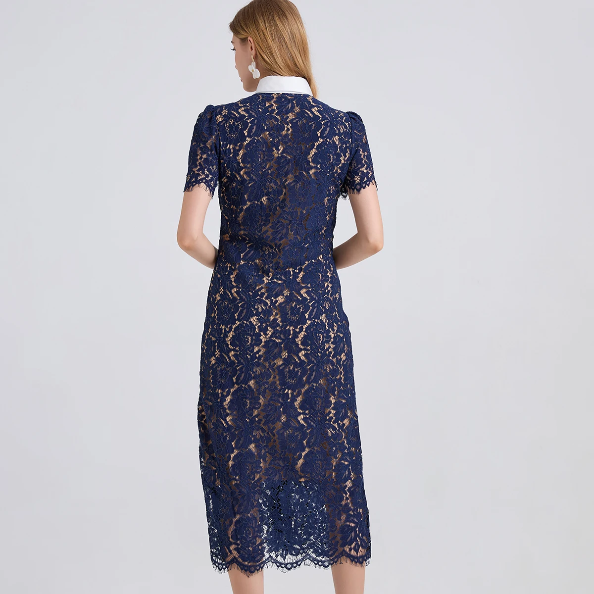 Formal Luxury Evening Long Dresses Women Summer Autumn White Peter Pan Collar Hollow Out Blue Pencil Embroidery Lace Dress Party