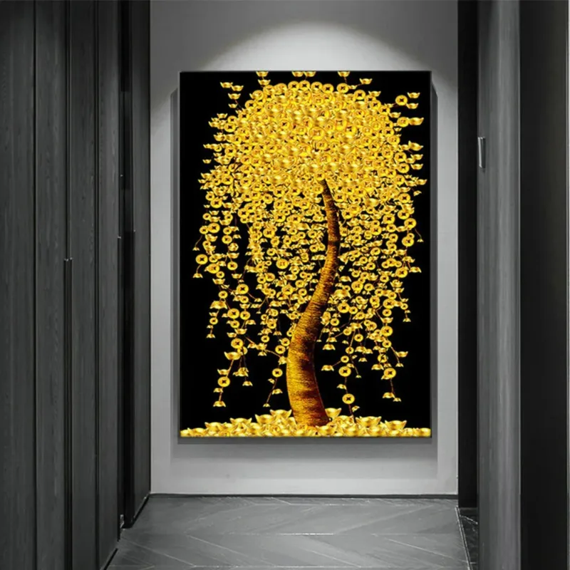 Pinturas en lienzo de árbol de dinero de la fortuna dorada, arte de pared moderno de lujo, paisaje de árbol dorado, póster impreso en HD, decoración de la habitación del hogar