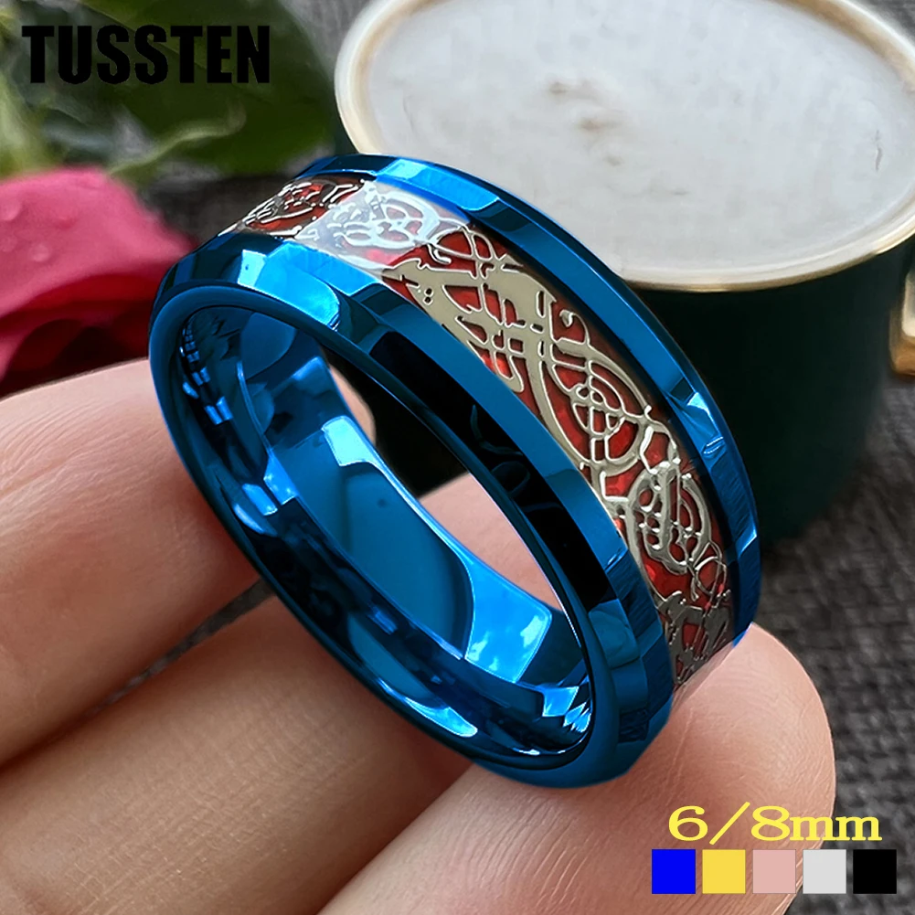 

Dropshipping TUSSTEN 8MM Blue Dragon Ring Tungsten Wedding Band For Men Women Beveled Polished Edges Classic Jewelry