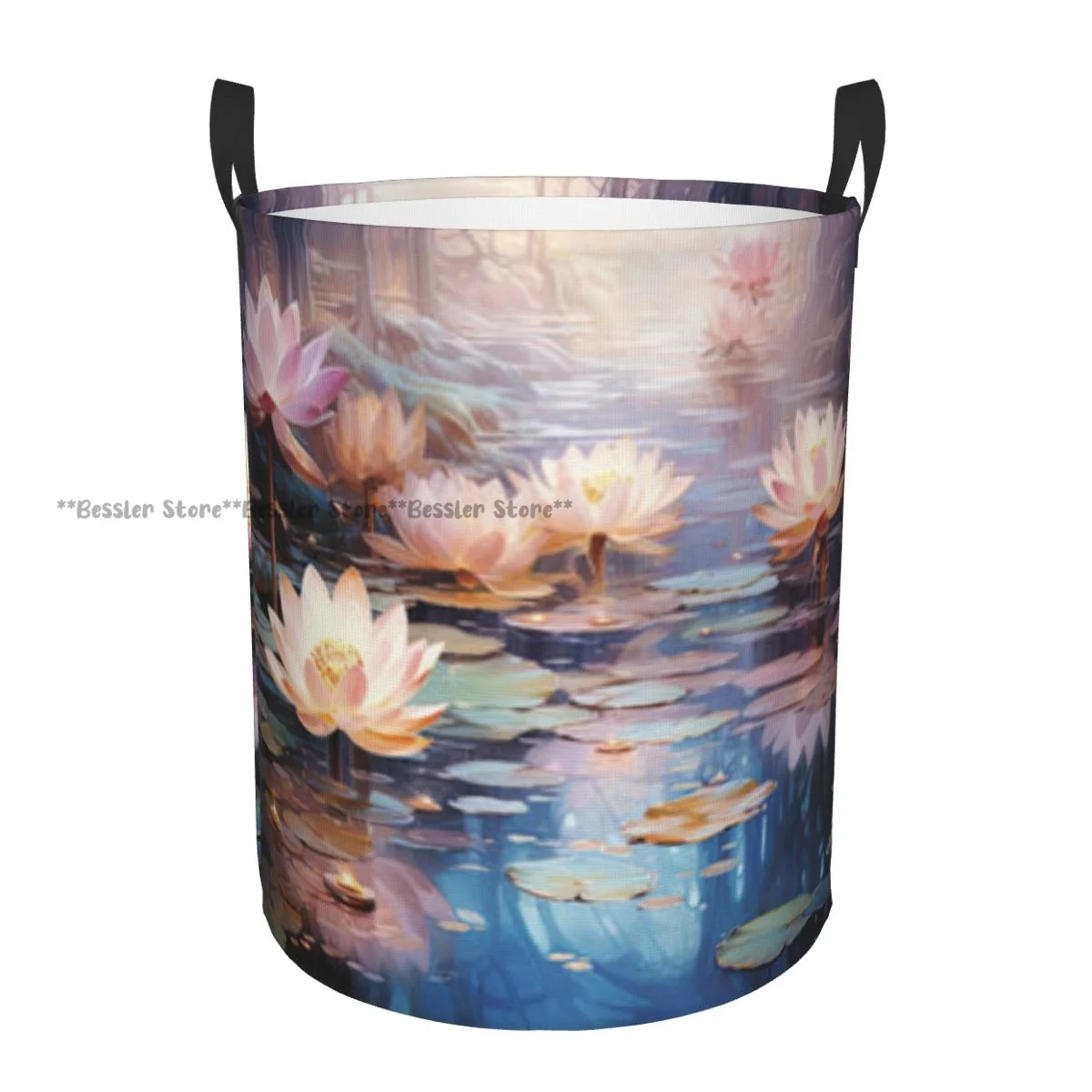 Folding Laundry Basket Lotus Background Round Storage Bin Collapsible Hamper Clothes Bucket Organizer