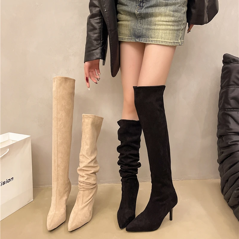 

Vintage Pleated Women Knee High Boots Fashion Pointed Toe High Heels Shoes Autumn Winter Ladies Sexy Long Botas De Mujer
