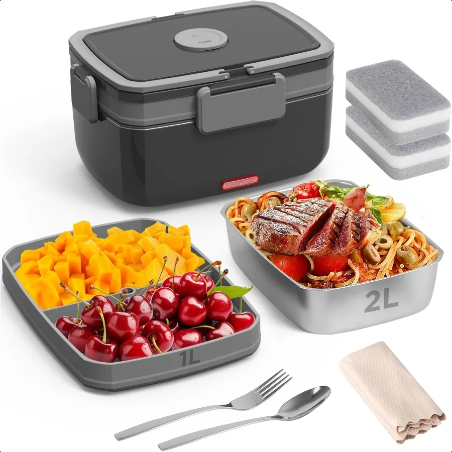 

Electric Lunch Box for Adults 90W Portable Food Warmer with 2L Stainl Steel 1L Fruit Container 12V 24V 110V Heated Lunch Box fo
