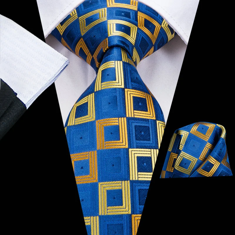 VerveRow Men Blue Gold Square Pattern Tie & Pocket Square Set, Luxury Geometric Necktie for Business Wedding Formal Wear