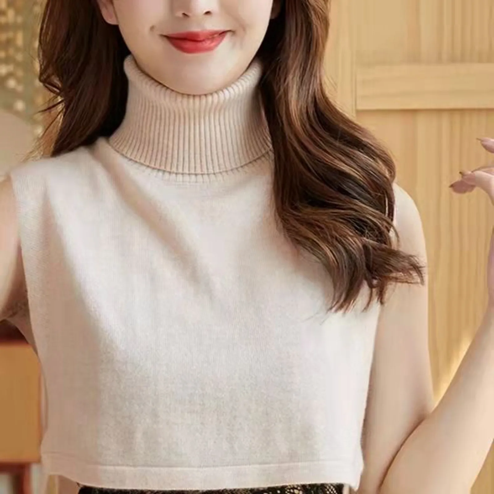 Short Sleeveless Turtleneck Sweater Women Kintted False Collar Fashion Solid Color Loose Pullover Spring Autumn Korean Fashion