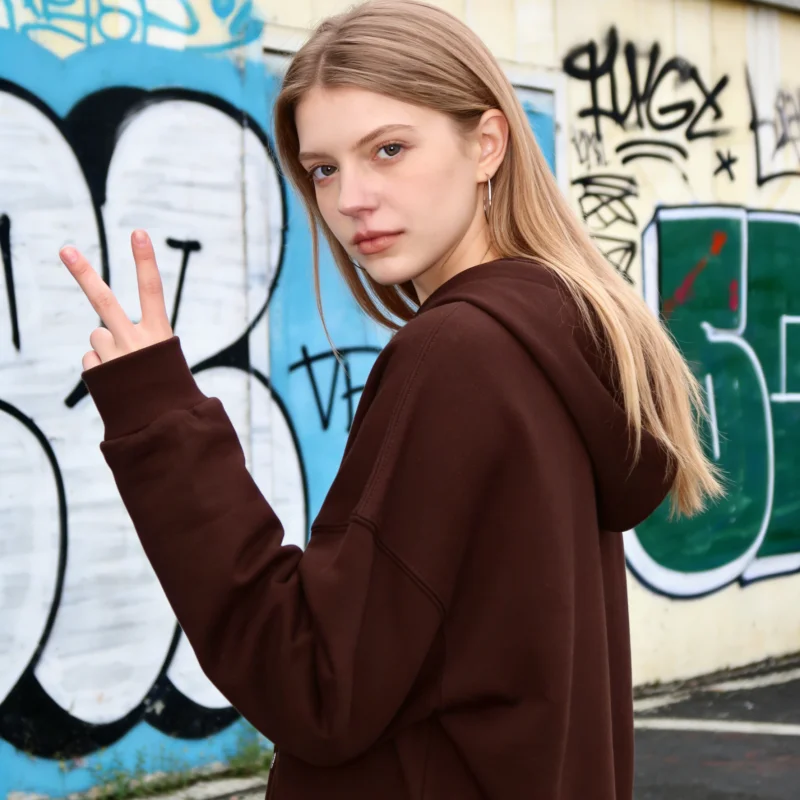 2025 Felpa con cappuccio coreana con cerniera retrò marrone Y2K da donna a maniche lunghe con cappuccio grande oversize morbido allentato moda di strada