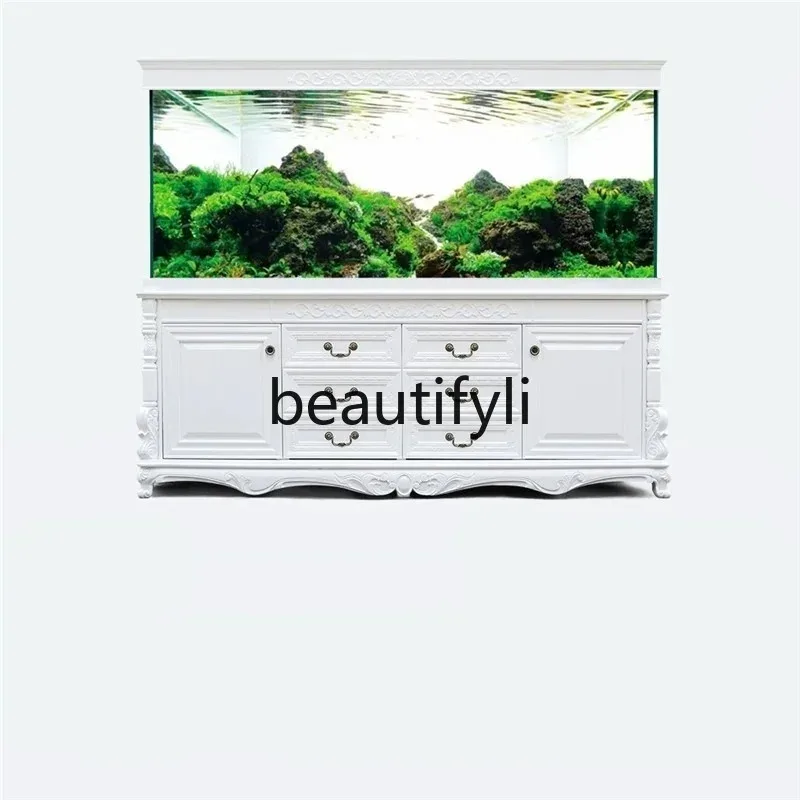 Solid wood fish tank Chinese large aquarium oak old elm living room partition ultra-white glass H