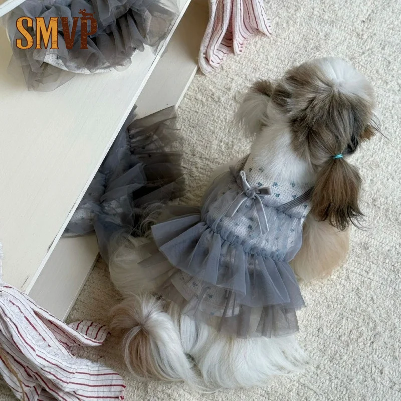 Vestido Romántico de Hada para Mascotas, Mini, con Estampado Floral Azul, Detalle de Lazo, Tul Gris con Flujo de Aire, Vestido Abultado, Ligero, Ropa Casual para Fotos