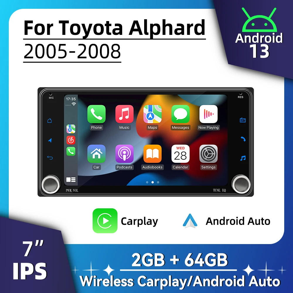 7 "شاشة أندرويد سيارة الوسائط المتعددة 2Din راديو لتويوتا ألارد 2005-2008 اللاسلكية Carplay أندرويد السيارات رئيس وحدة ستيريو لتحديد المواقع واي فاي