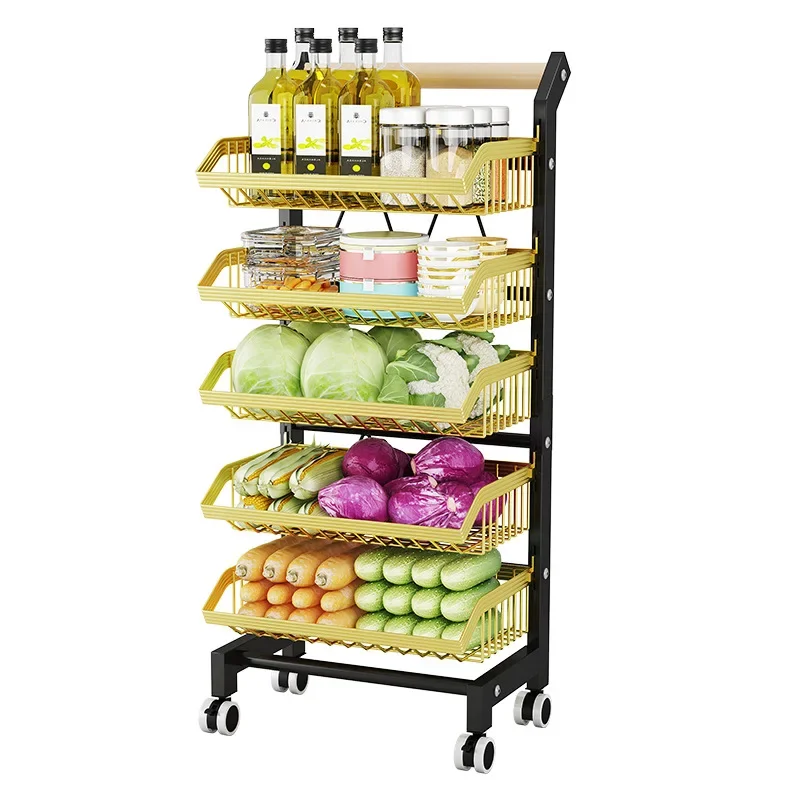 Kitchen Floor Storage Rack Adjustable Layer Height Storage Cart Multi-Function Vegetable Basket Carbon Steel Organizer Shelf