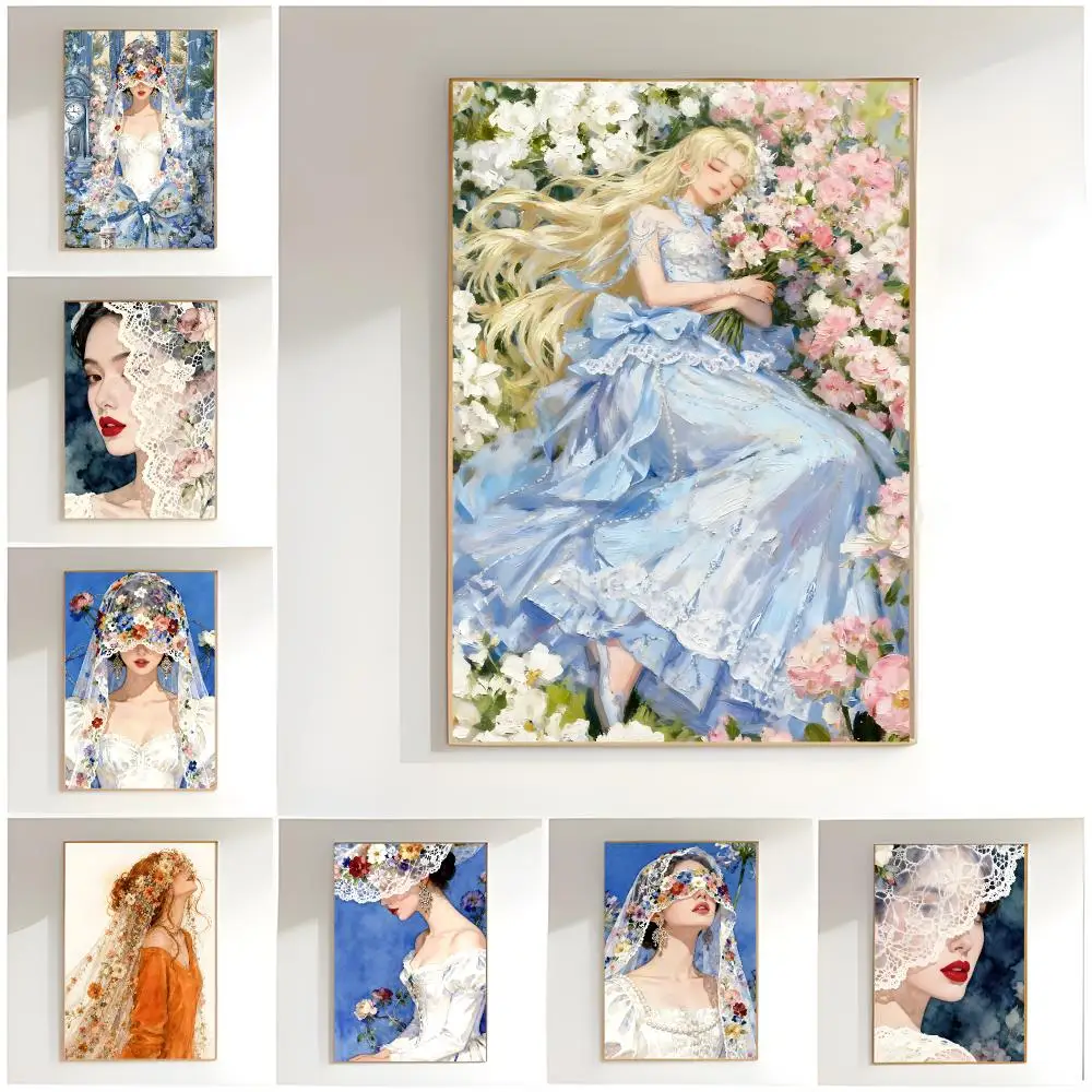 painting portrait Woman with Flowers Poster Classic Wall Art  Home Decor  Peel and Stick Unframed