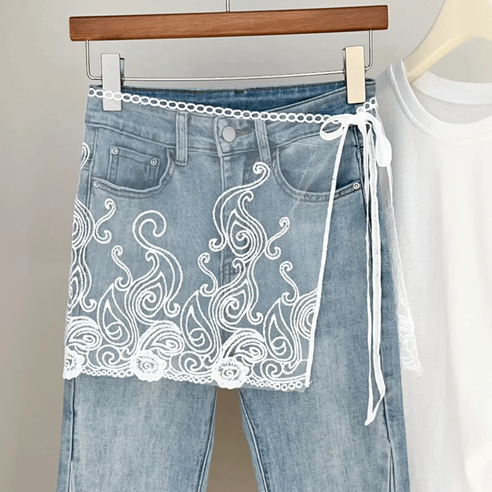 

Trendy Jeans Decor Lace Fart Curtain Slim Fit Y2K Women's Scarf Pretty Versatile Apron Wrap Skirt for Women