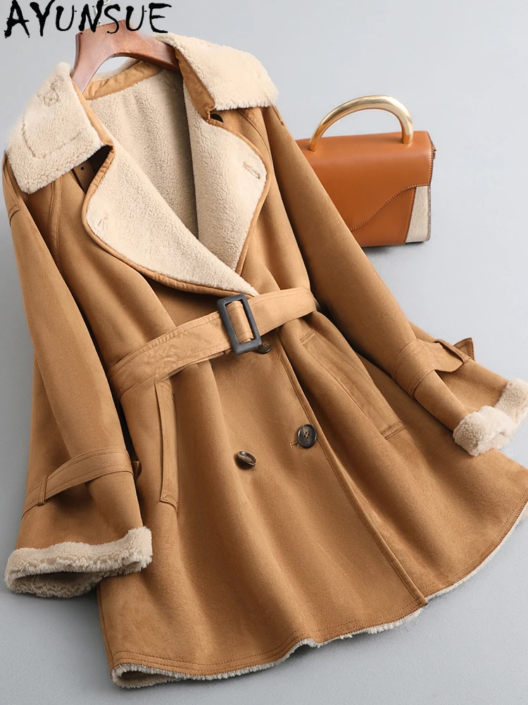 AYUNSUE 2023 High Quality Wool Coat Women Fall Clothing 100% Sheep Shearing Jacket Elegant Belt Ladies Winter Coats and Jackets