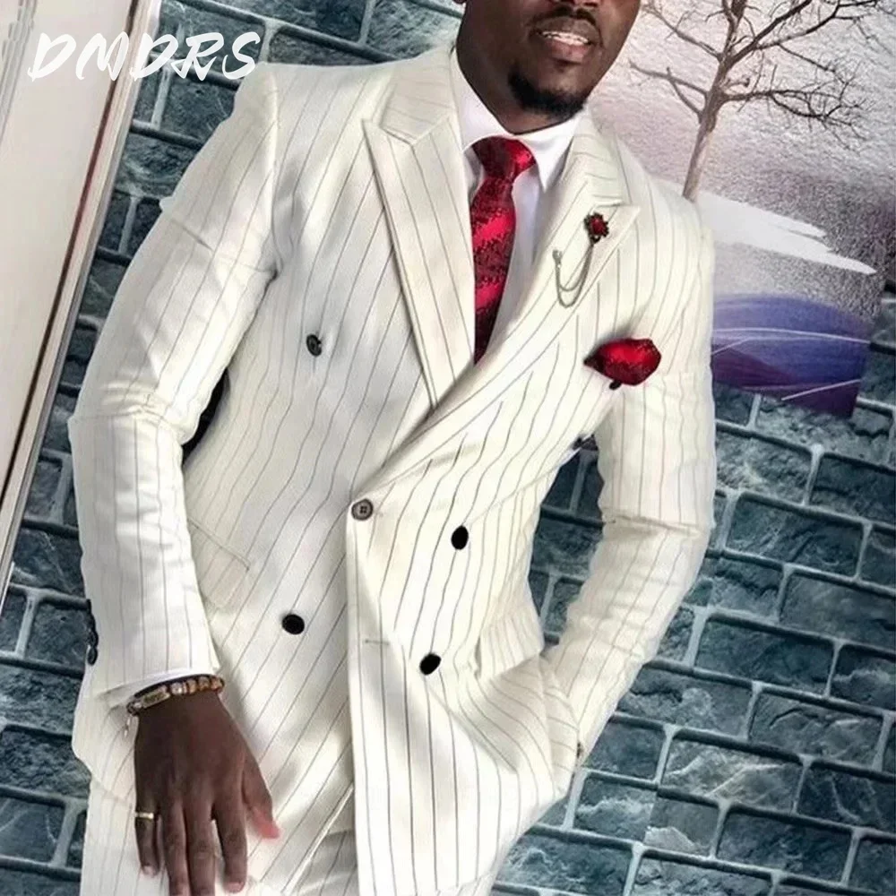 Luxury Wedding Suits for Men Stripe Pattern 2 PCS Classic Jacket Pants Formal Full Set Double Breasted Peak Lapel trajes para