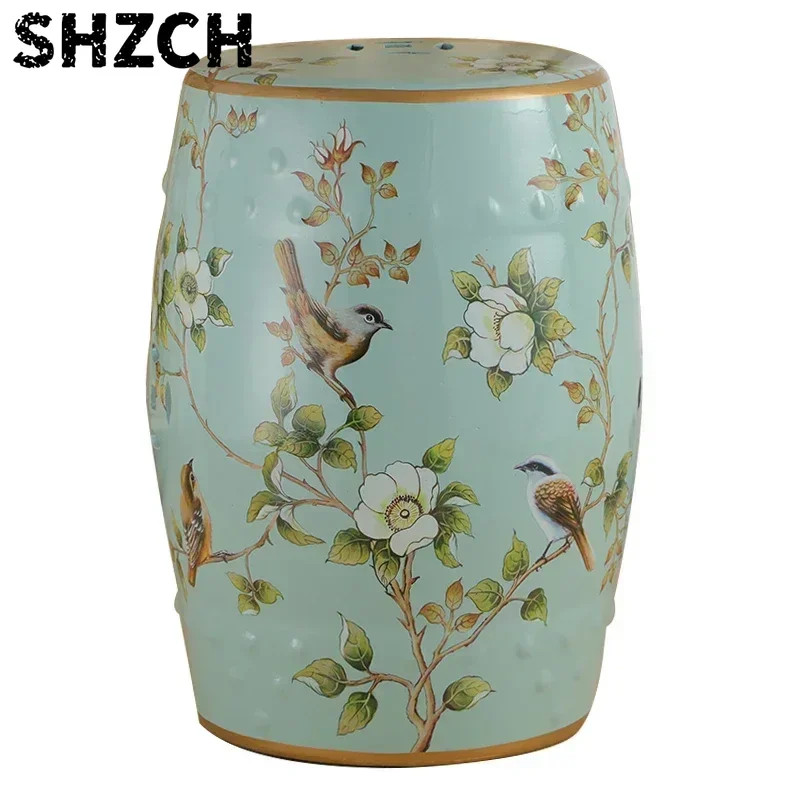 Ceramic Vanity Stool Shoe Stool  Flower Bird Drum Stool Porcelain Pier Embroidered Ottoman Home Decoration H45X28cm