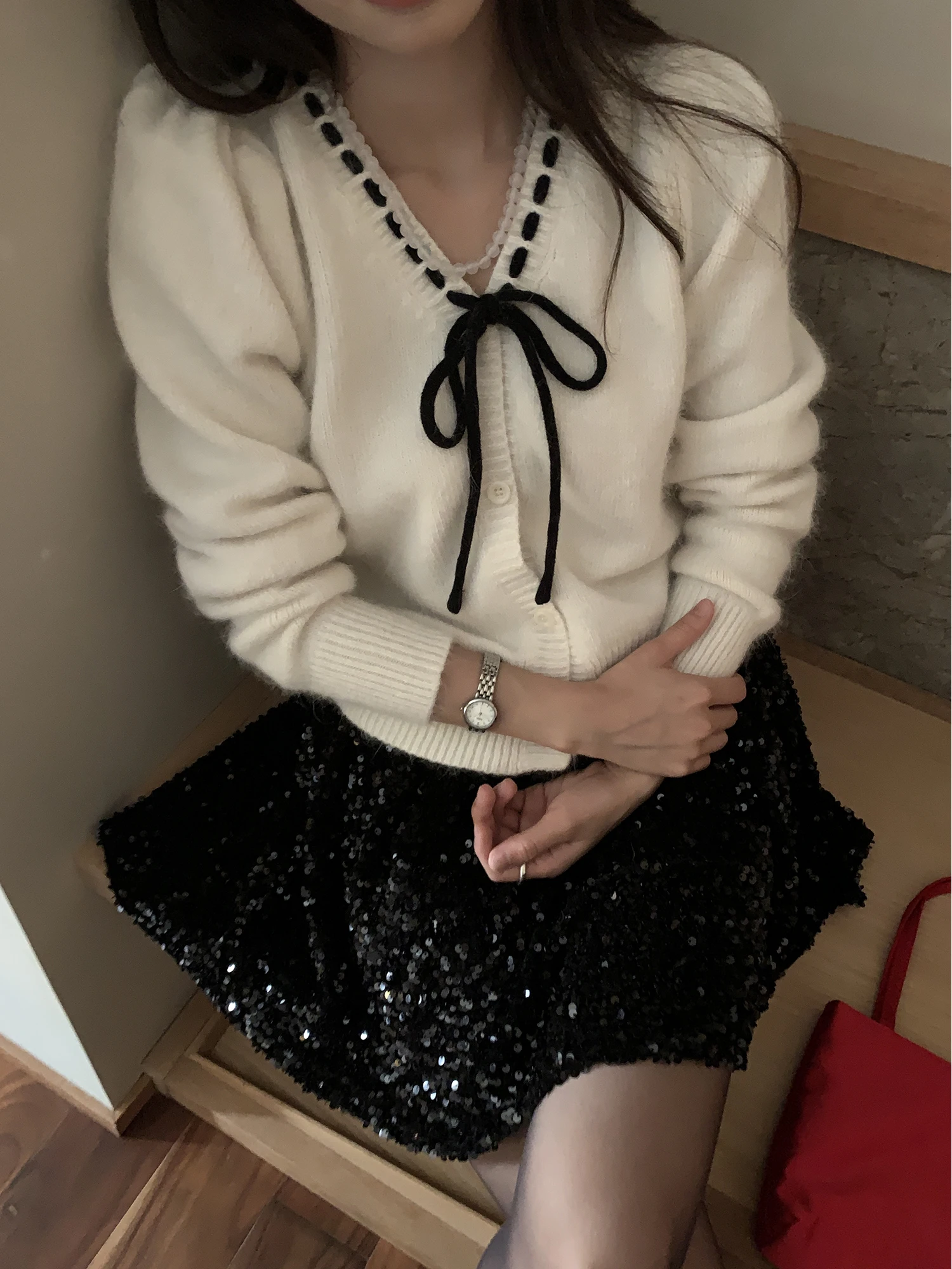 

Vanwenwen Sugar Coating Cheese Knot Tied Bubble Sve Knitted Open Cardigan Women Winter Versatile Sweater Top