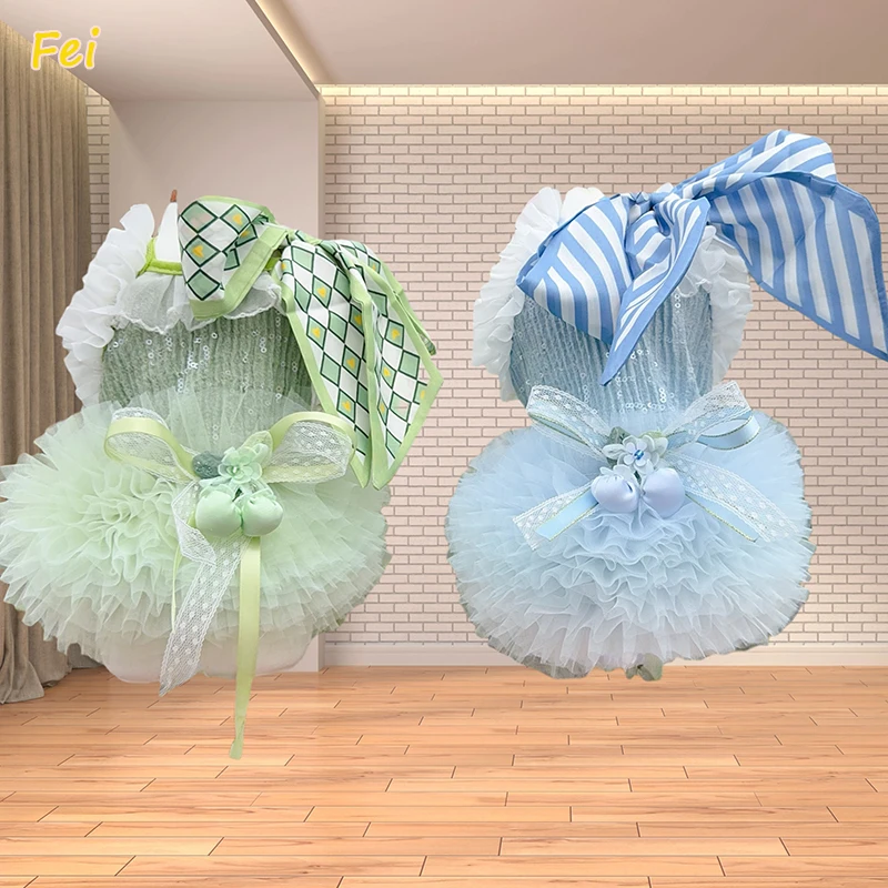 

Spring Summer New Puppy Dog Cats Clothing Cute Blue Green Sequin Lace Bow Tutu Dress For Small Medium Dogs Chihuahua Pet Clothes