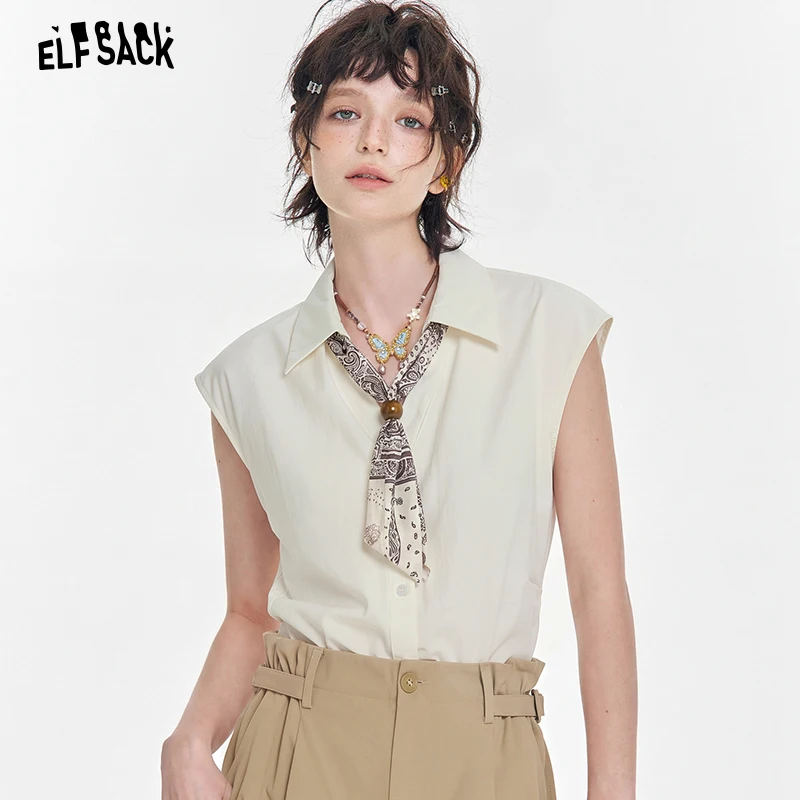 

ELFSACK Sleeveless Button-Up Shirt with Scarf Tie, Slim Fit Office Blouse, Elegant Solid Color Workwear Top for Women
