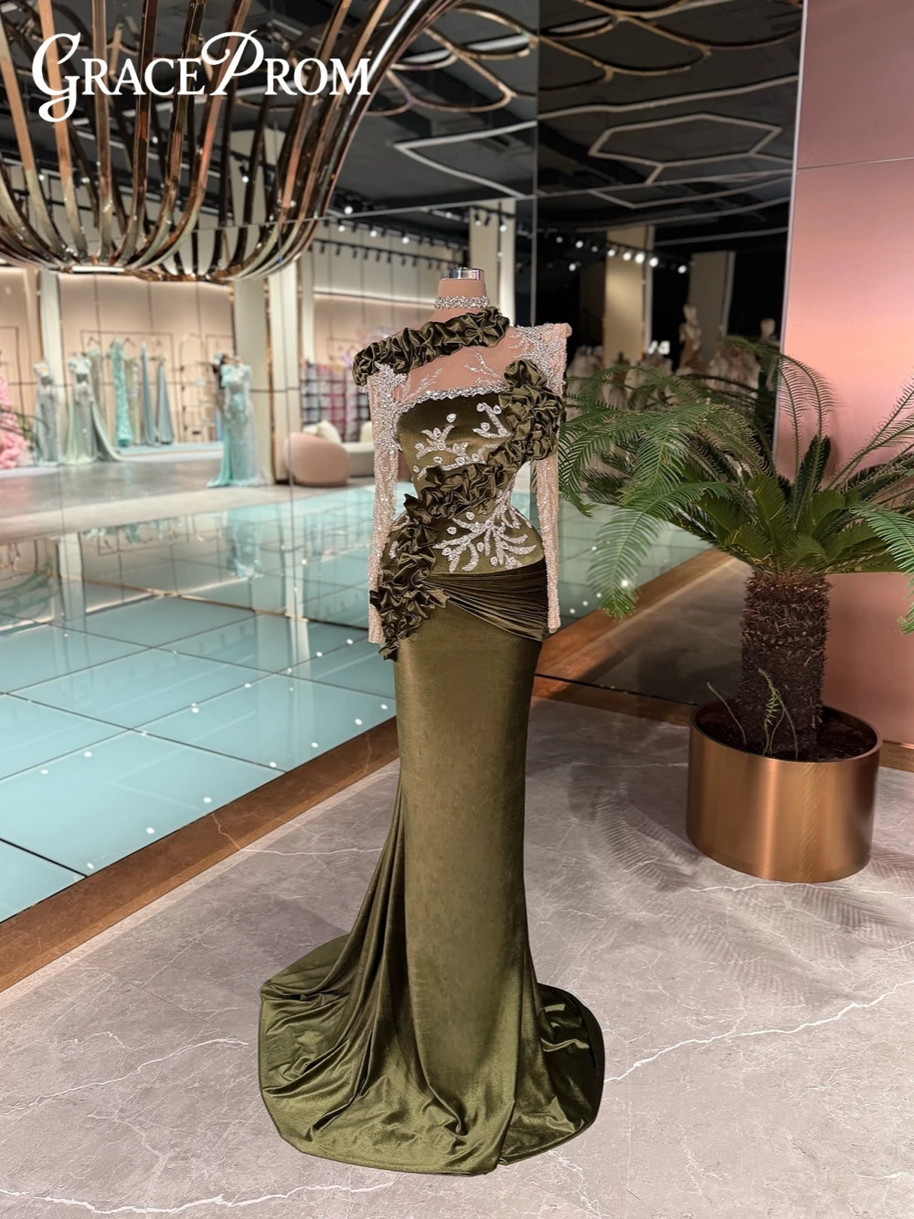 

Green Dreamy Velvet Beaded Mermaid Evening Dress Elegant High Collar Long Sleeve Wedding Party Gown Customized Prom Dresses