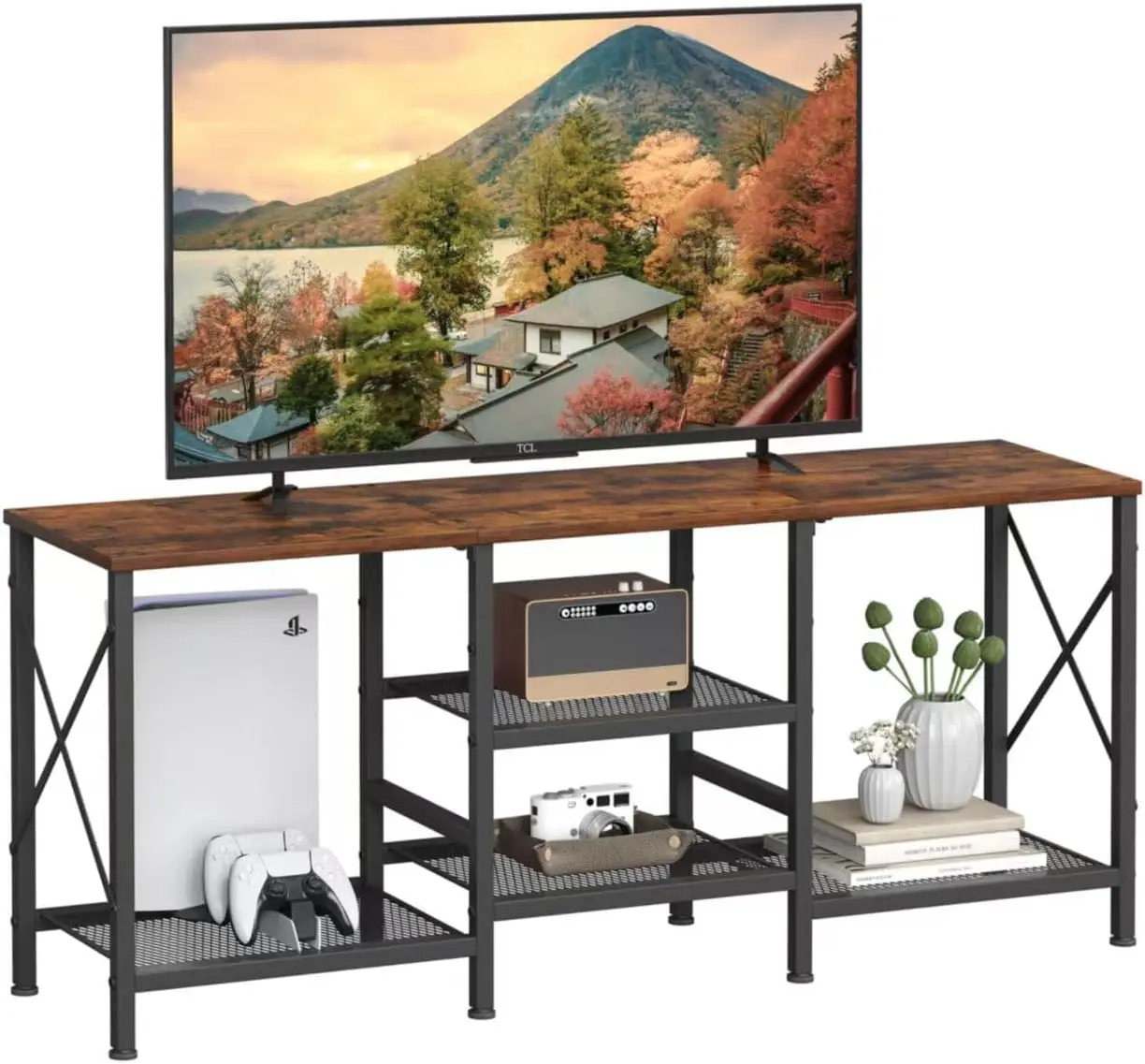 

55 Inch TV Stand with 3-Tier Open Shelves, Rustic Brown Entertainment Center for Living Room