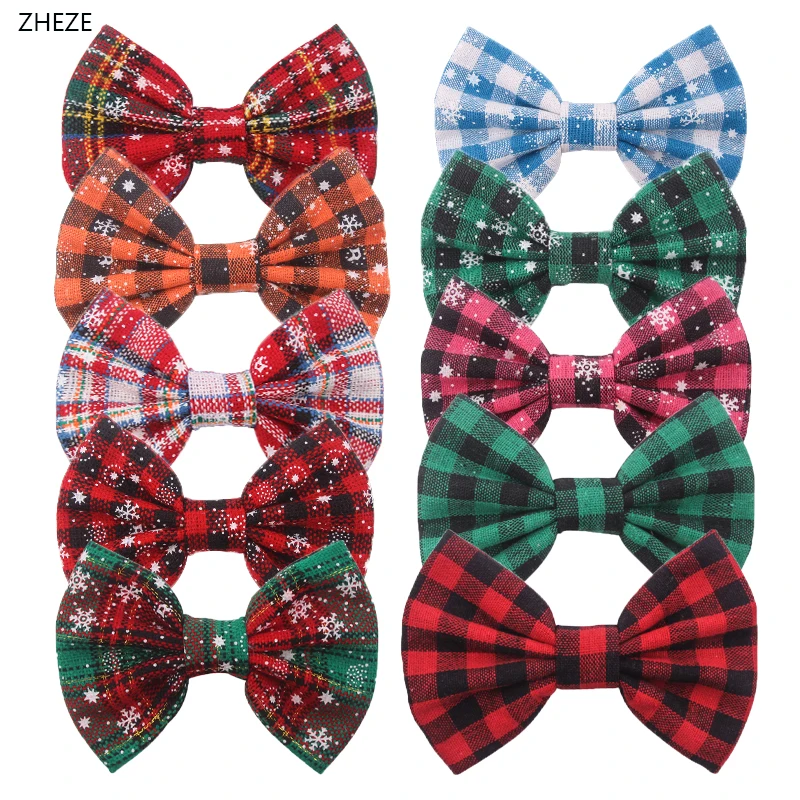 10Pcs/Lot Cotton Frabic Plaid 5\'\' Bow With/Without Clip Girls Hairbow Christmas Hairpins Kids DIY Hair Accessories