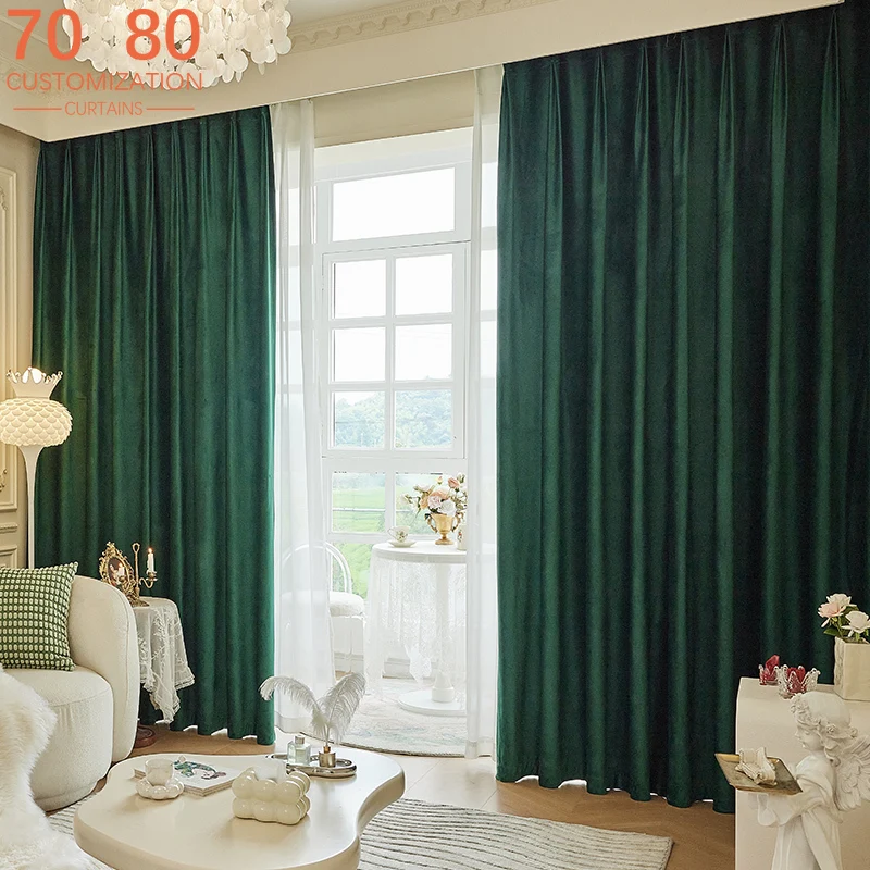 New Retro Dark Green Velvet Curtains for Bedroom Living Room French Window Stage Decoration Finished Partition Curtain