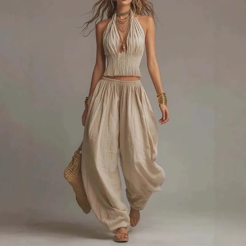 Women's Solid Casual Boho 2 Piece Outfit Sleeveless Halter Smocked Crop Top & Elastic Waist Harem Wide Leg Pants Vacation Summer