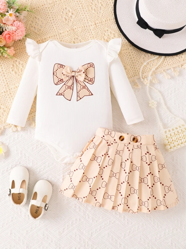 

Spring and autumn style baby and toddler round-neck bow print flying sleeve triangular one-piece dress and casual two-piece set