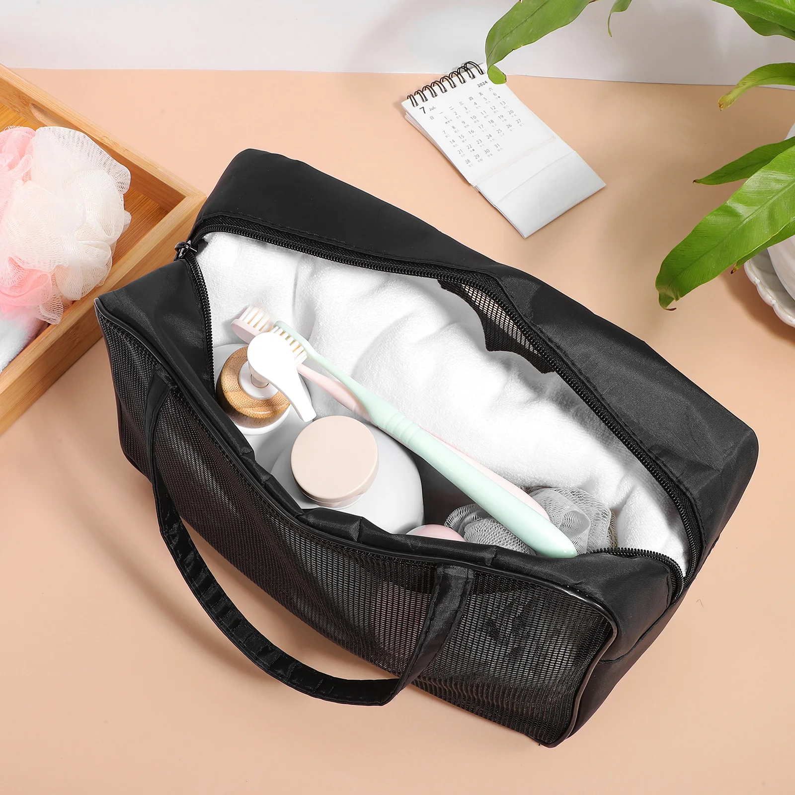 

Mesh Toiletry Bag Transparent Mesh Design Large Capacity Travel Organizer Double Handles Wash Makeup Skincare Storage