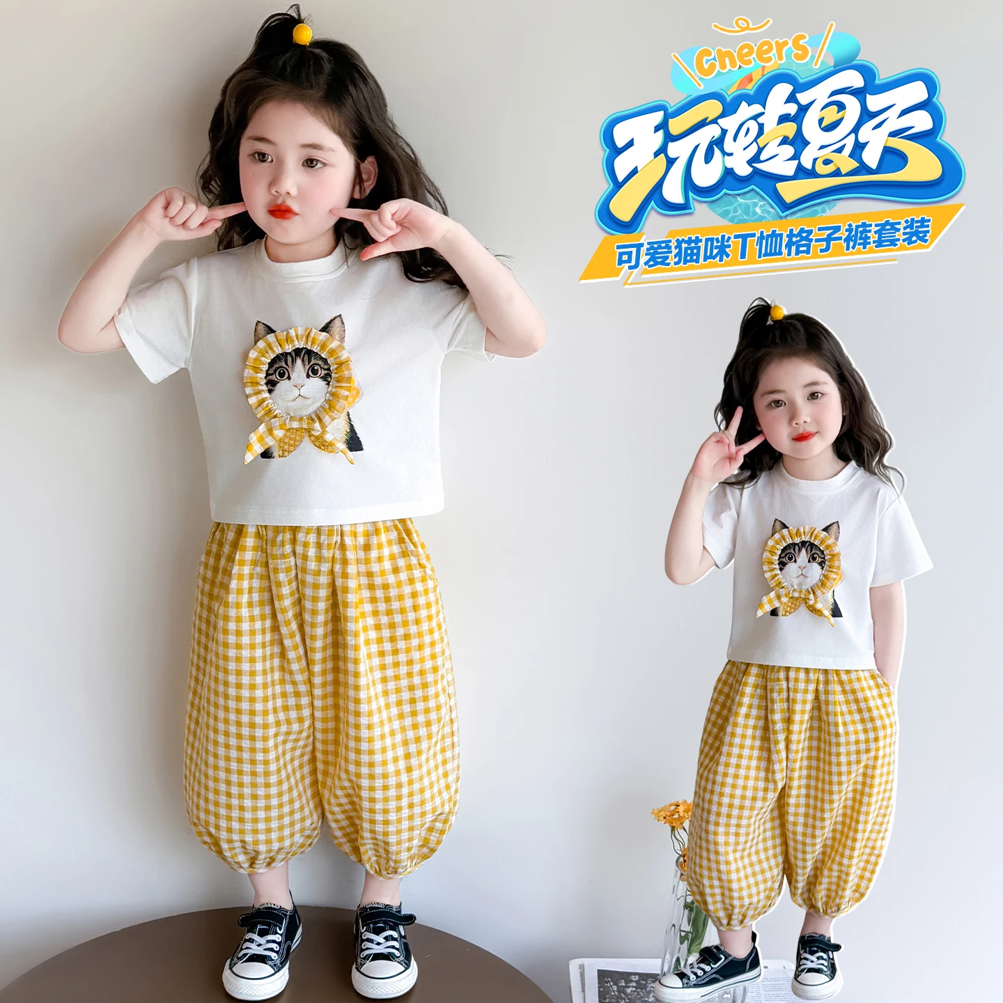 

Baby Girls 2-Piece Clothing Set Short Sleeves Cartoon Cat Top And Plaid Pants Spring Summer Vacation Style Kids Aged 2-9 Years