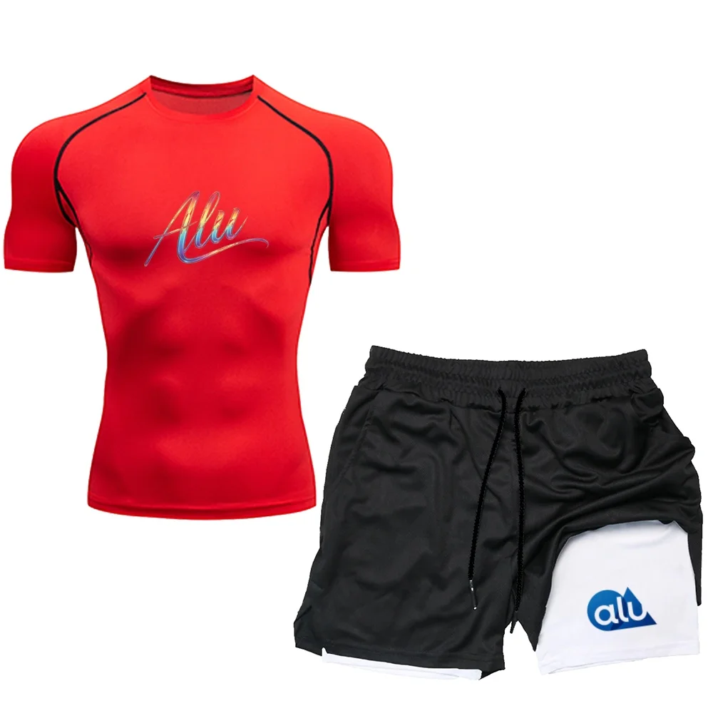 

2-Piece Slim Fit Short Sleeved Top+Double-Layer Shorts Men's And Women's Yoga Exercise Set