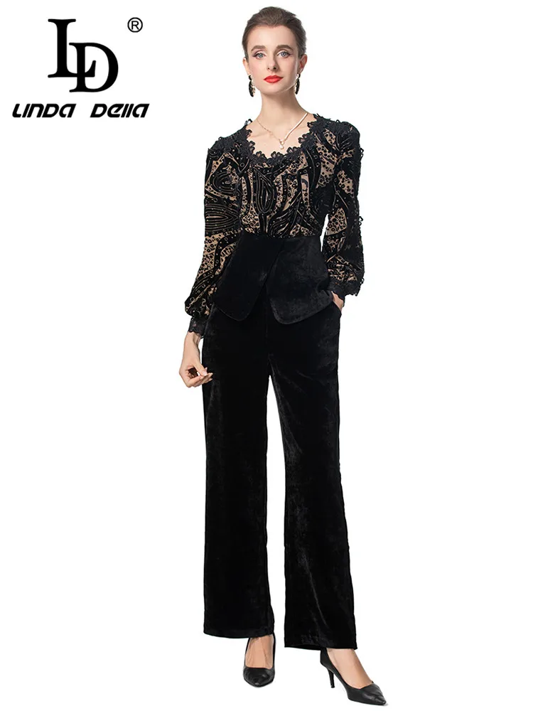 LD LINDA DELLA Autumn and Winter Women\'s Suit Lace Splicing Lantern Sleeved Top+Wide leg pants Black/Red High Street 2 piece set