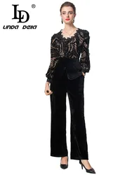 LD LINDA DELLA Autumn and Winter Women's Suit Lace Splicing Lantern Sleeved Top+Wide leg pants Black/Red High Street 2 piece set