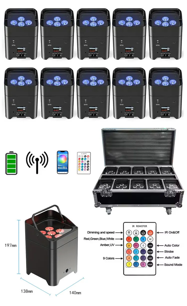 6 * 18W battery powered RGBWA  UV wireless lighting rechargeable spotlight, suitable for KTV and wedding party DJ stage
