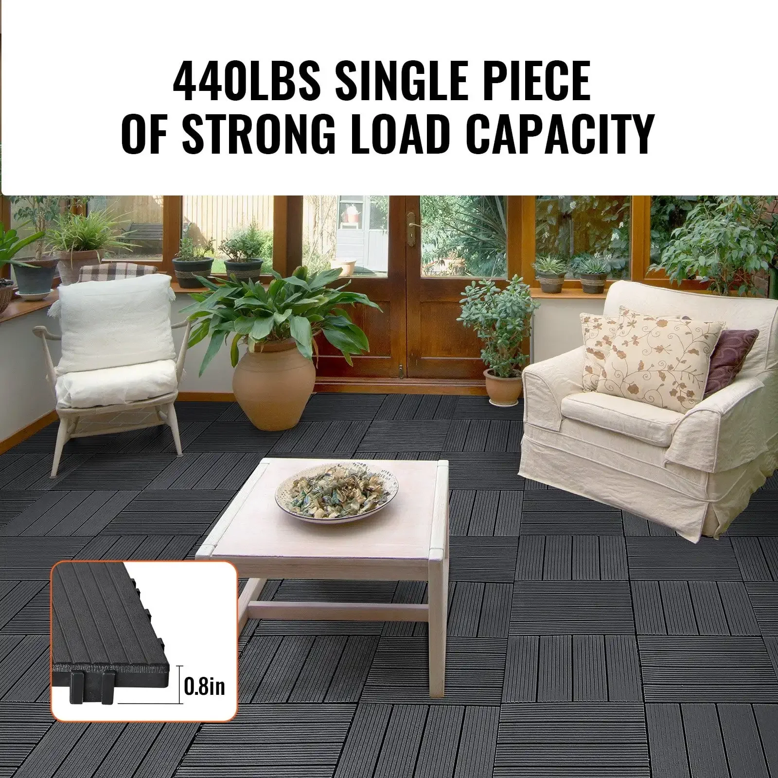 Interlocking Deck Tiles 36 Pack 12"x12" Plastic for Porch Dark Grey