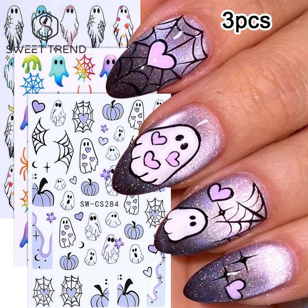SWEET TREND-2/3pcs Halloween 3D Nail Stickers Pumpkin Ghost Spider Webs Bat Nail Decals Slider Thanksgiving DIY Manicure Decor