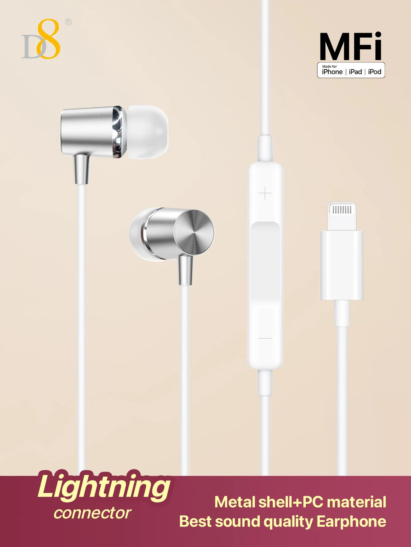 Auriculares con cable para IPhone, conector Lightning, certificado por Apple MFi, aislamiento de ruido, D8