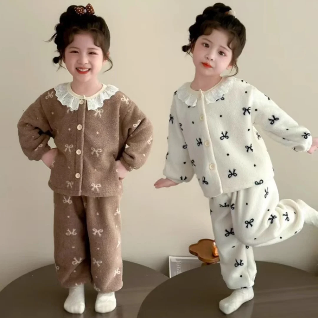 1-8Y أطفال بنات المرجان بيجامة من الصوف مجموعات Bowknot طباعة الدانتيل طوق كم طويل بلوزات وسراويل دافئة رقيق ملابس خاصة المتسكعون