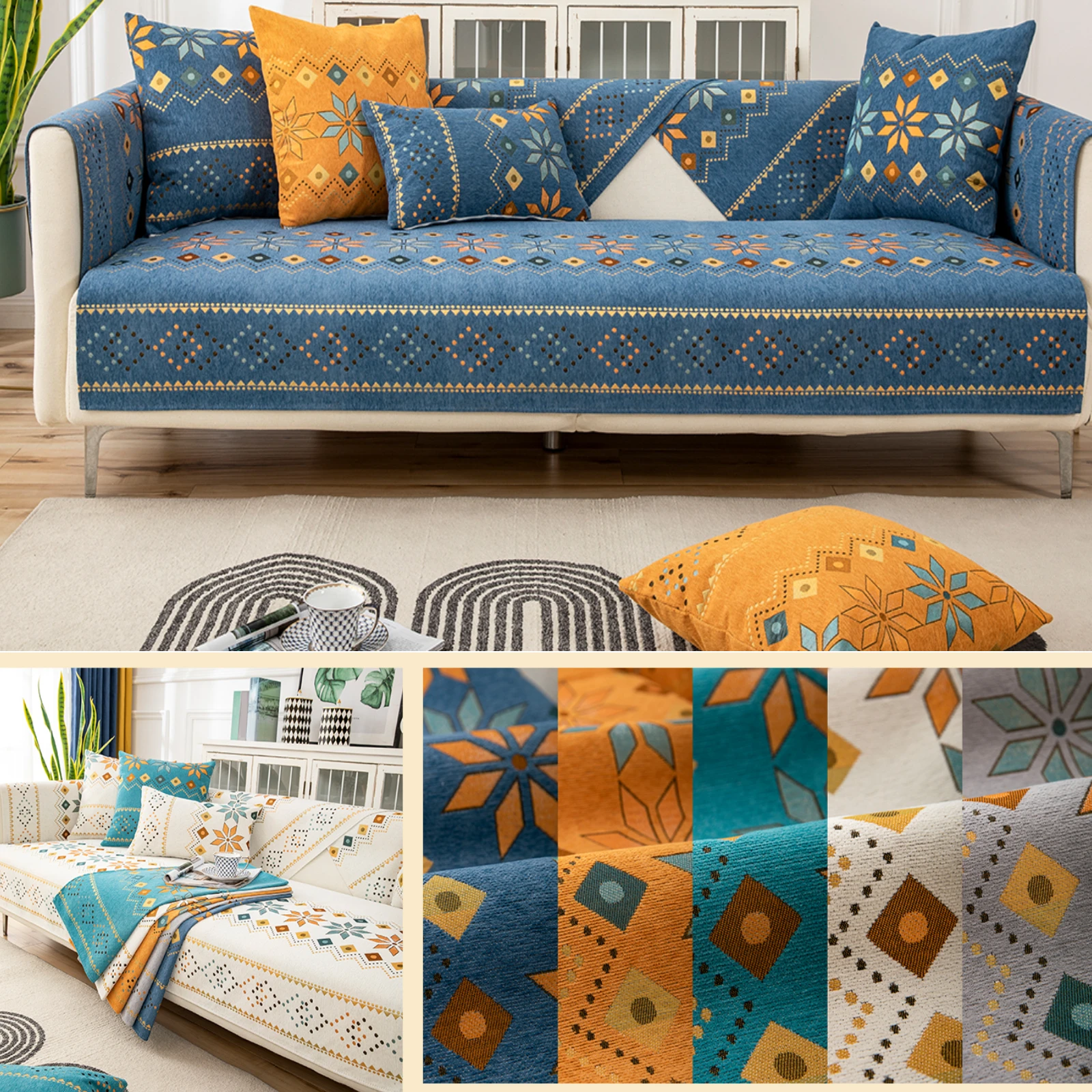 Boho Chenille Couch Sofa Covers Geometric Decor for Sofa Seater Non Slip Sectional l Shaped Furniture Protector for Home Room