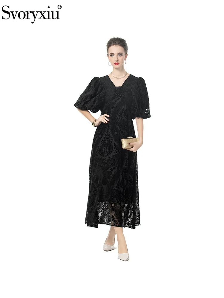 Svoryxiu-Vestido largo Vintage de terciopelo negro para fiesta de verano, moda de pasarela, vestidos acampanados de cintura alta con cuello en V y manga acampanada