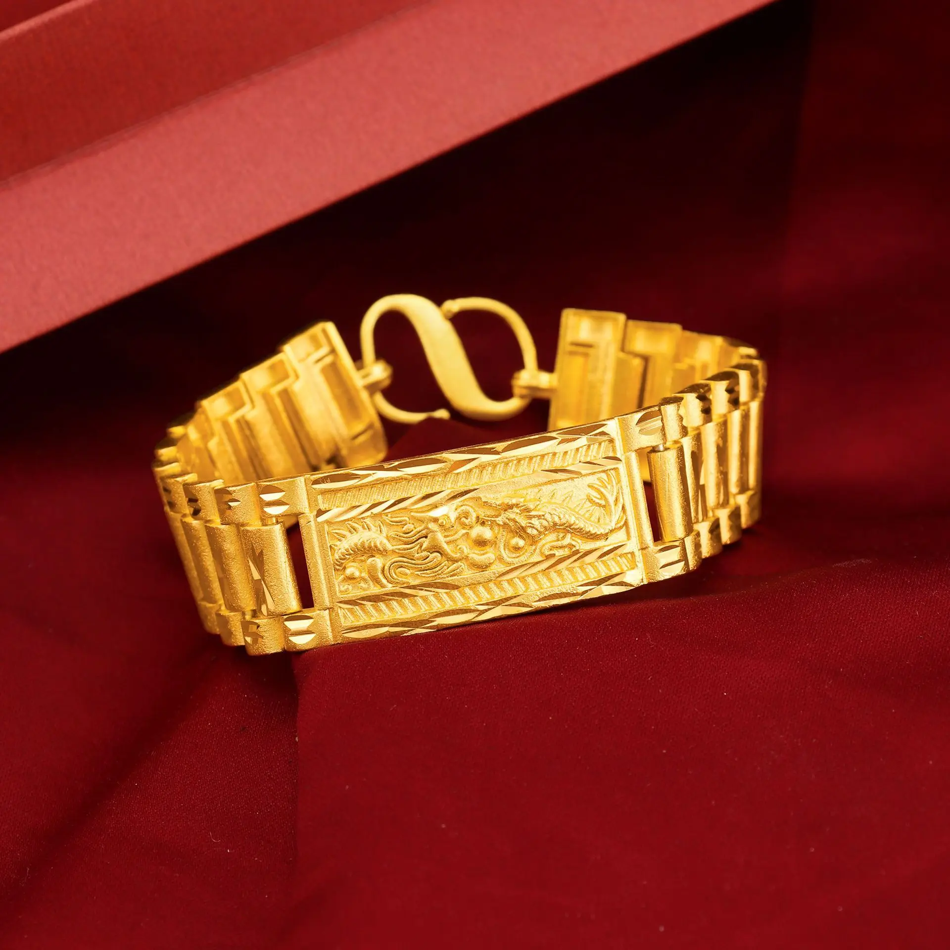 True Gold Color Bangle Full Sky Star Dragon Pattern Wide Edition Bracelet for Men Women's Boutique Wedding Fine Jewelry Gift