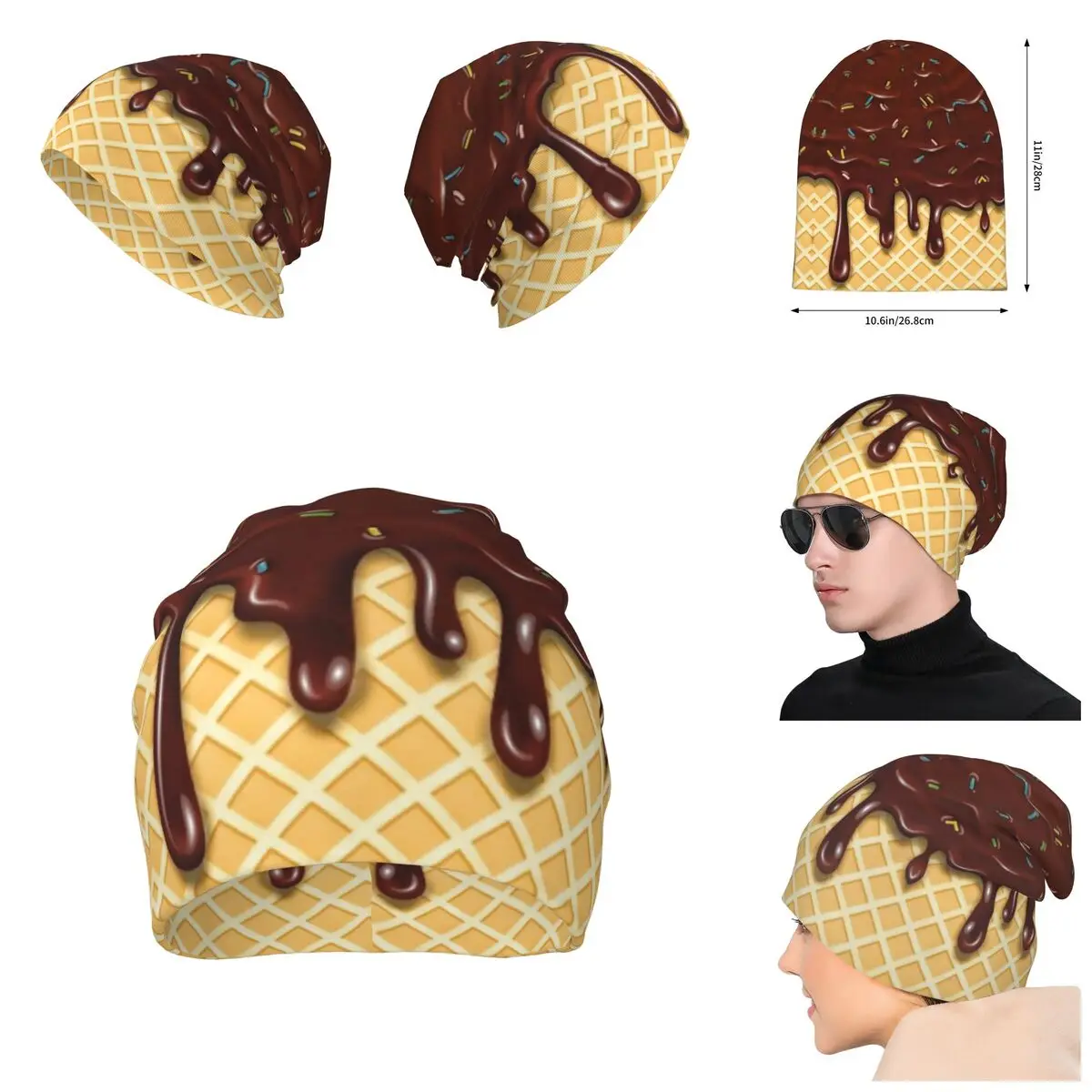 Nutty Chocolate Ice Cream Waffle Knitted Hat For Men And Women, Gift Unisex winter Warm Brimless printing Urinal Hat