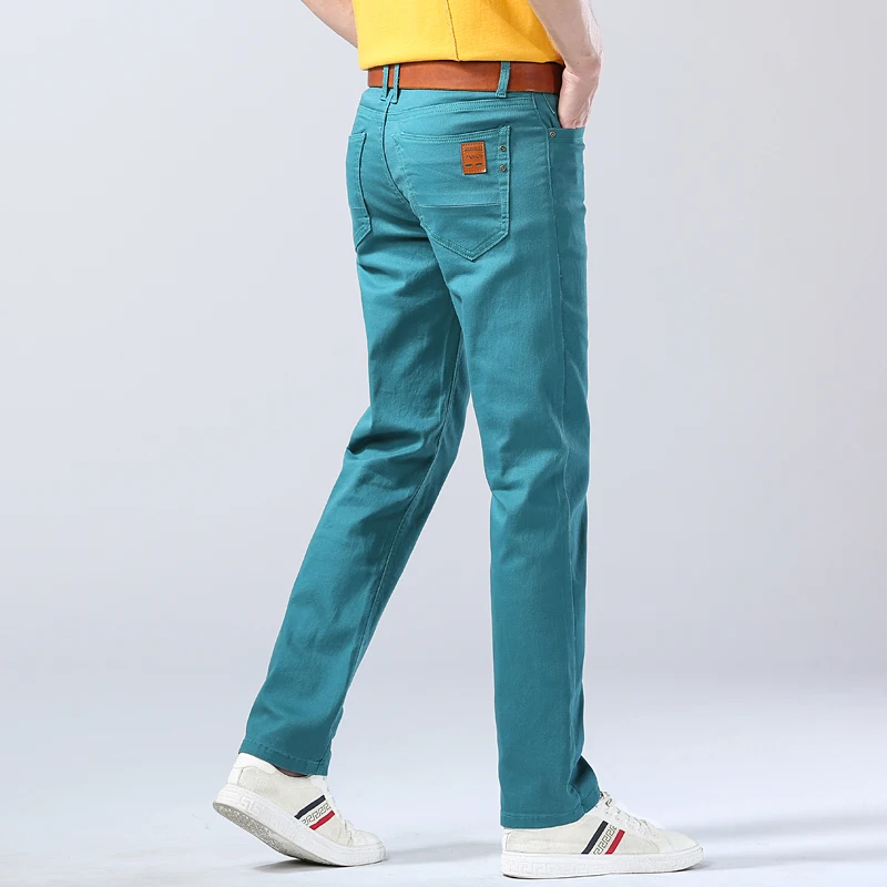 2023 Autumn New Men\'s Bright Stretch Fit Jeans Trendy Denim Straight-leg Trousers Male Red Lake Blue Yellow Trousers