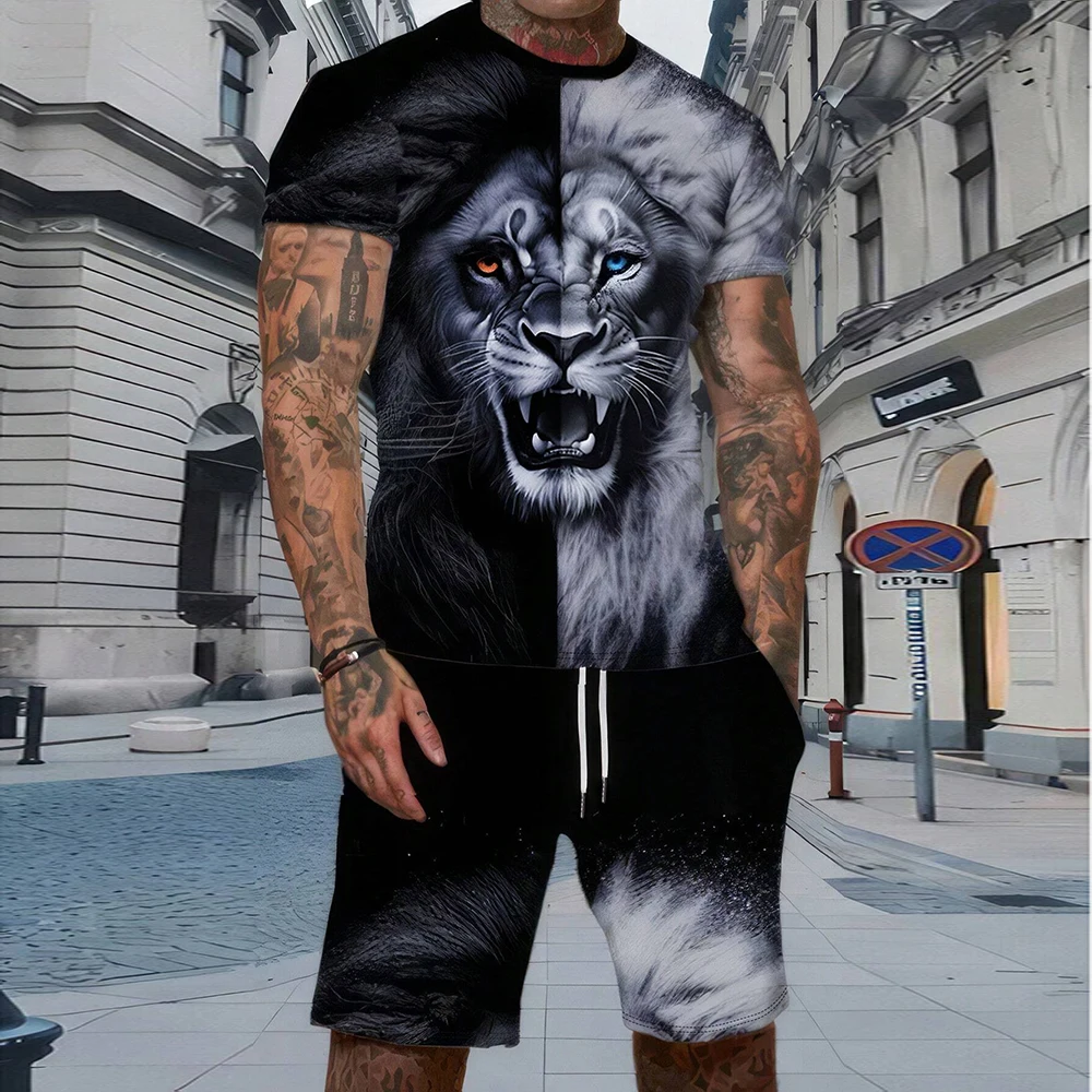 Men Summer Vacation Black White Printed Short Sleeve T-Shirt And Shorts Set Fashion Two Piece Set Men Sportwear Fitness Pullover